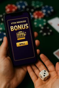 Spiller sjekker mobilskjermen for en **norsk casino bonus uten innskudd**, med terning og sjetonger som symboliserer gratis casinobonus og gratisspinn.